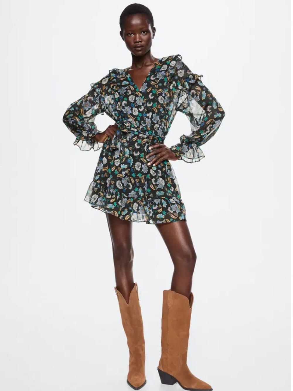 Mango Black Floral Ruffle Wrap Mini Dress